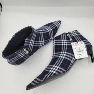 Zara Navy Plaid Kitten Heel Ankle Pointed Toe Boots/Booties